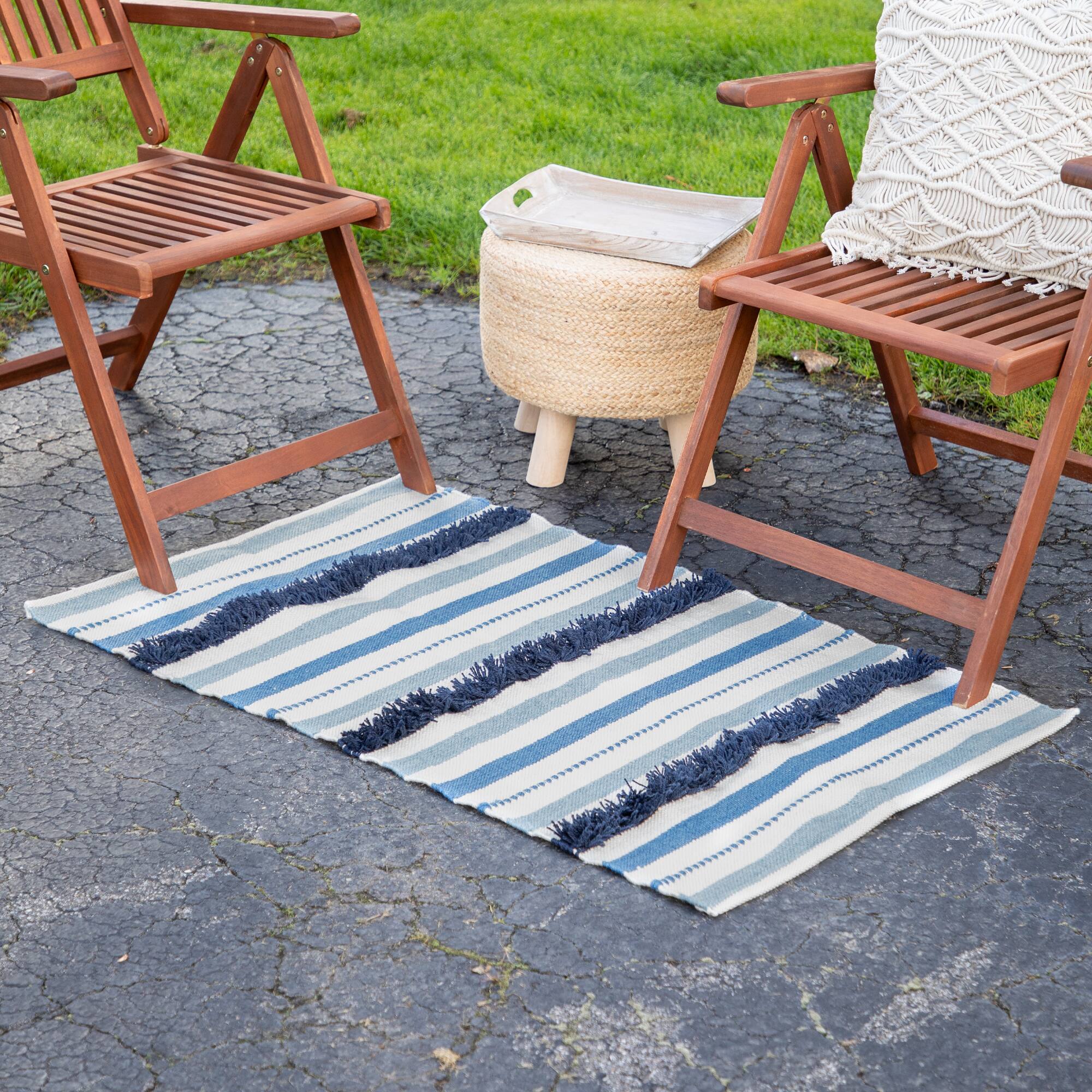 Blue, Cream & Black Striped Handloom Woven Outdoor Throw Rug, 3.5ft.x 2ft.